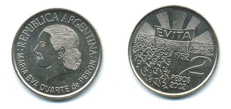 Аргентина 2 песо 2002 Мария Эва Дуарте де Перон KM 135 медно-никель UNC 37-721
