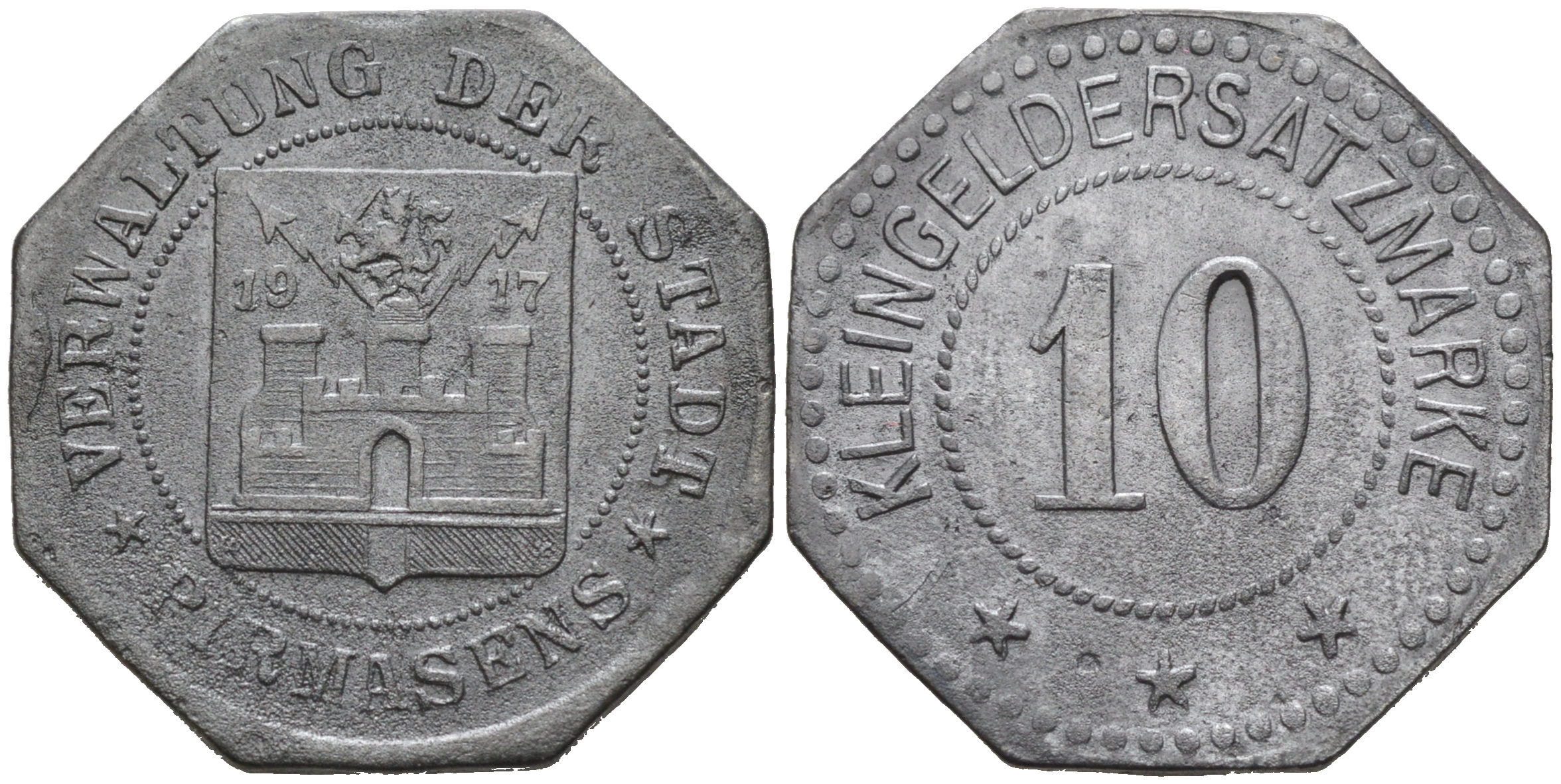 ГЕРМАНИЯ ПФАЛЬЦ ФЕРВАЛЬТУНГ ПИРМАСЕНС 10 ПФЕННИГОВ 1917 КЛЯЙНГЕЛЬД цинк 75-1565