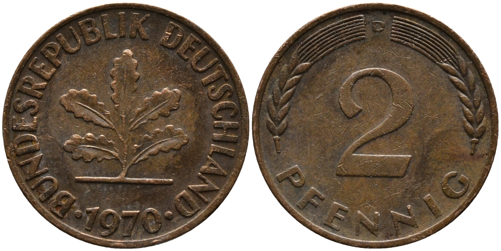 ФРГ 2 ПФЕННИГА 1970 D KM 106а, J.381а сталь плакированная сталь плакированная медьюю 33-233