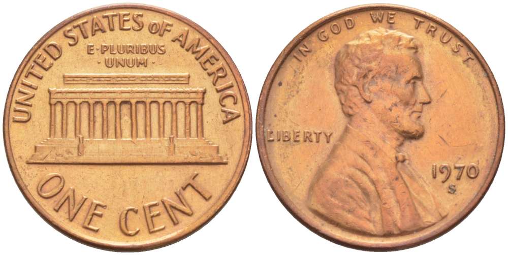 США 1 ЦЕНТ 1970 S, ЛИНКОЛЬН, SMALL DATE KM 201 медь цинк 4519-524