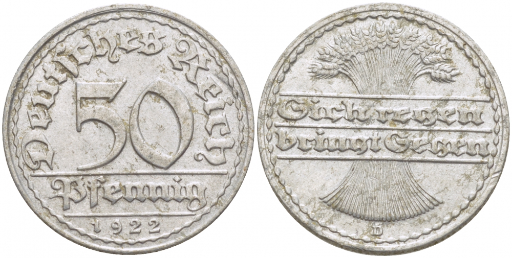ГЕРМАНИЯ 50 ПФЕННИГОВ 1922 D KM 27, J. 301, Weege 10 алюминий 3718-914