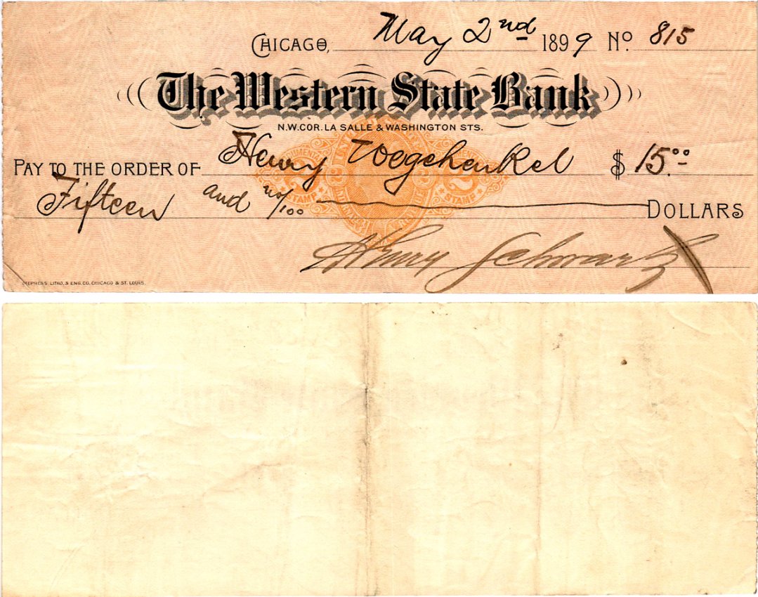 США чек на 15 долларов 1899 The Western State Bank, Чикаго бумага 6287-38-3-2