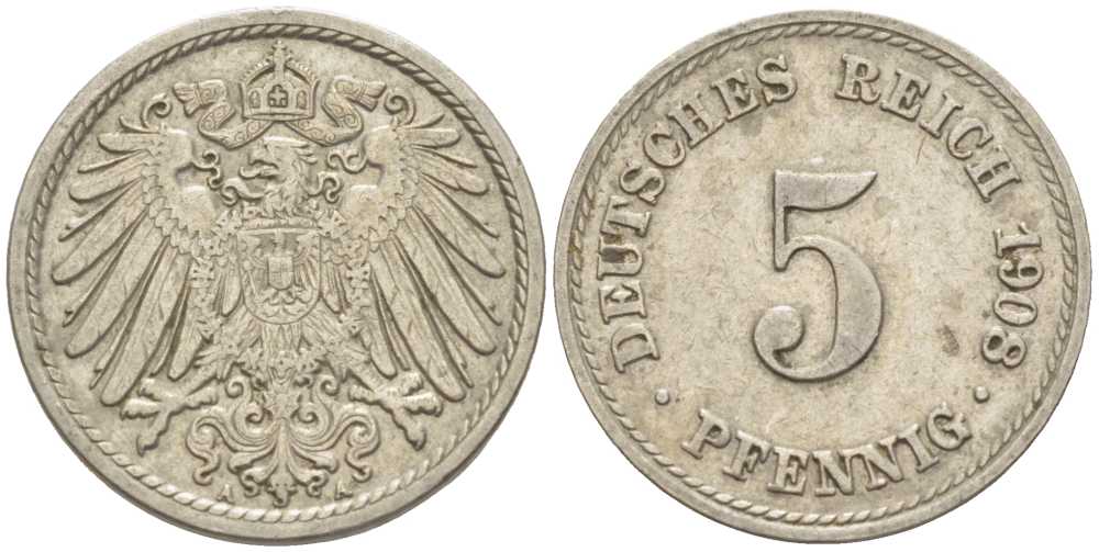 Германия 5 пфеннигов 1908 A KM 11, Jager 12, Weege 6 медно-никель 105-132