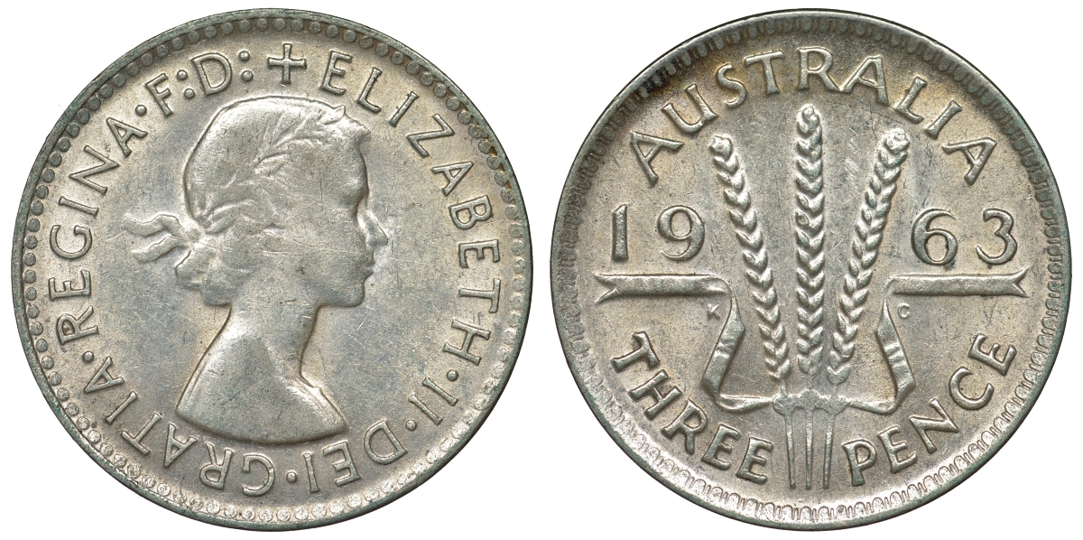 Австралия 3 пенса 1963 m, Елизавета II (1952-2022) KM 57 серебро 71-843