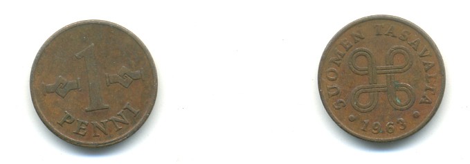 Финляндия 1 пенни 1963 первый год KM 44 медь 4364-113