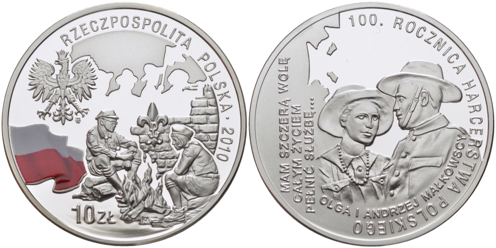 Польша 10 злотых 2010 MW, 100 лет союзу польских харцеров, скаутскому движению в Польше, Ольга и Анджей Малковичи, цветная эмаль, польский флаг KM 726 серебро PROOF 1069-3-52