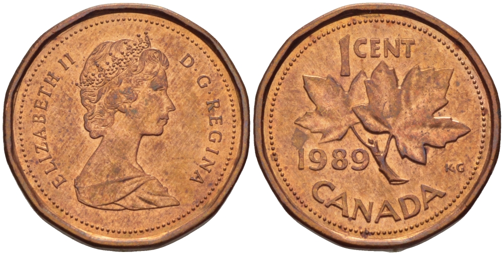 Канада 1 цент 1989 Елизавета II (1952-2022), кленовый лист KM 132 бронза 51-5055