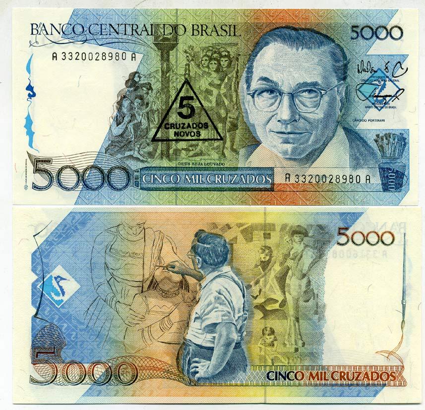 БРАЗИЛИЯ 5 КРУЗАДО 1989 ПОДПИСЬ 26, НАДПЕЧАТКА НА 5000 КРУЗАДО Pick 217а бумага UNC (ПРЕСС) 7551-40-1