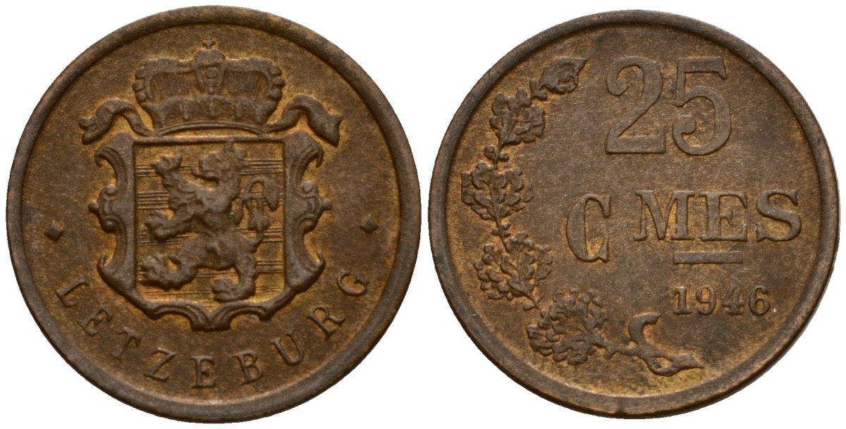 Люксембург 25 сантимов 1946 Шарлотта (1918-1964) KM 45 бронза 4532-266