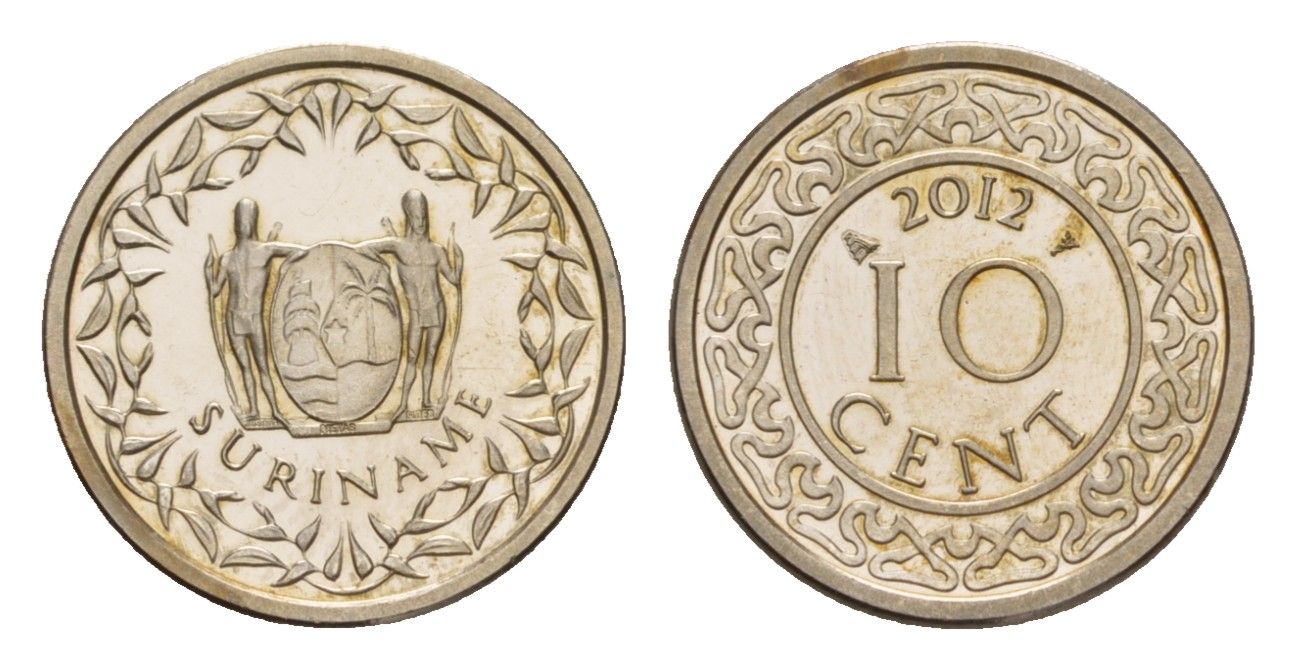 Суринам 10 центов 2012 тираж 1000 экземпляров KM 13a медно-никель BU 4649-1023
