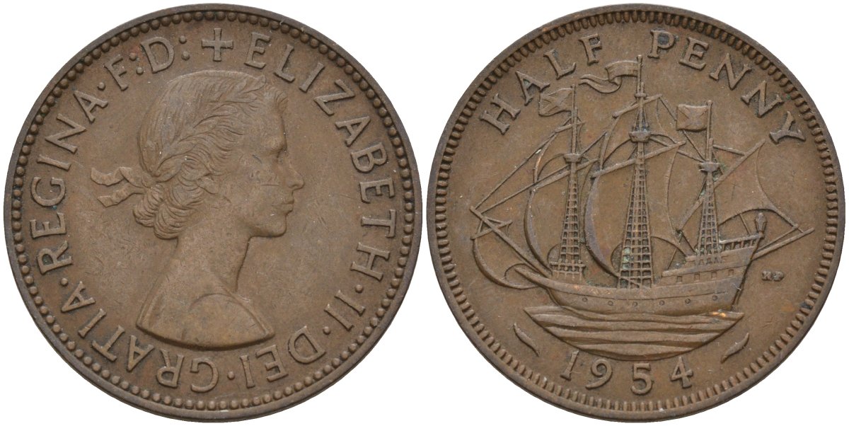 Великобритания 1/2 пенни 1954 Елизавета II (1952-2022) KM 896, Spink 4158 бронза 4146-251