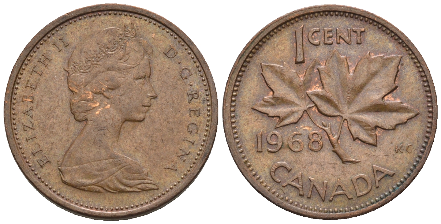 Канада 1 цент 1968 Елизавета II (1952-2022), кленовый лист KM 59.1 бронза 4609-132