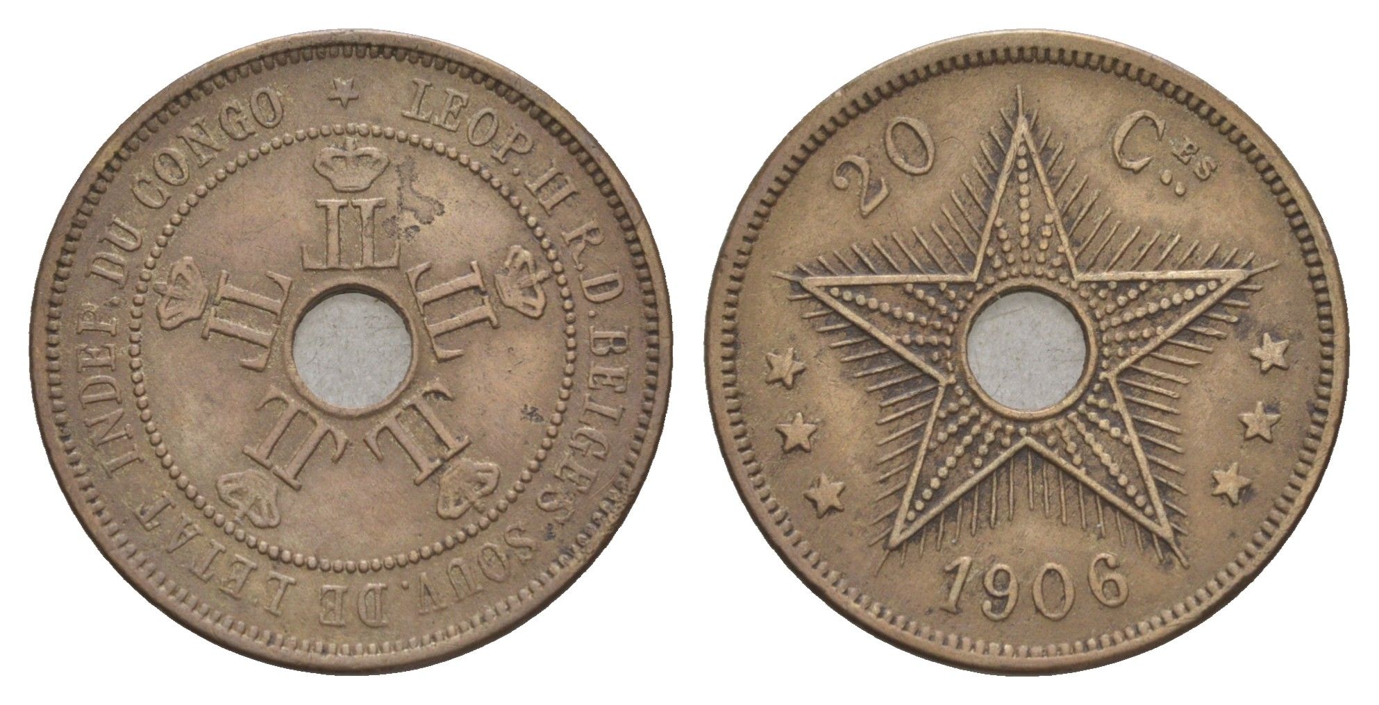 Бельгийское Конго 20 сантимов 1906 Свободное государство Конго, Леопольд II (1865-1909) KM 11 медно-никель 1518-1231