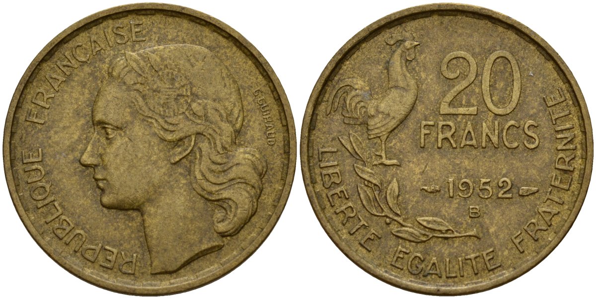 Франция 20 франков 1952 B, Петух KM 917.1 алюминиевая бронза 4159-937