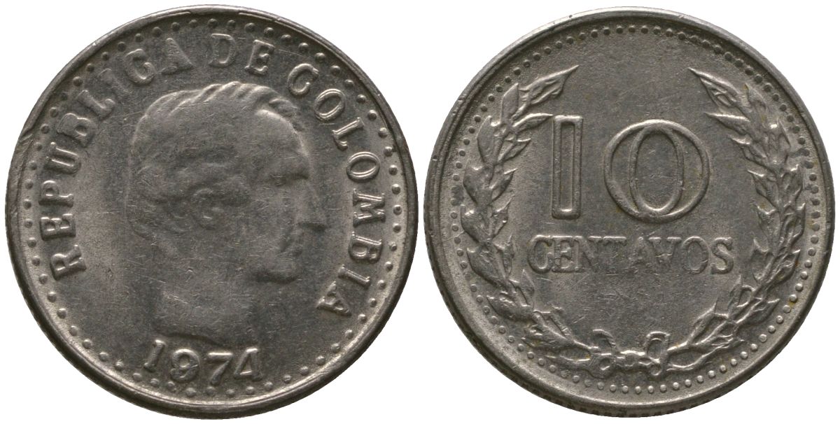 Колумбия 10 сентаво 1974 KM 253 сталь плакированная никелем 4528-722