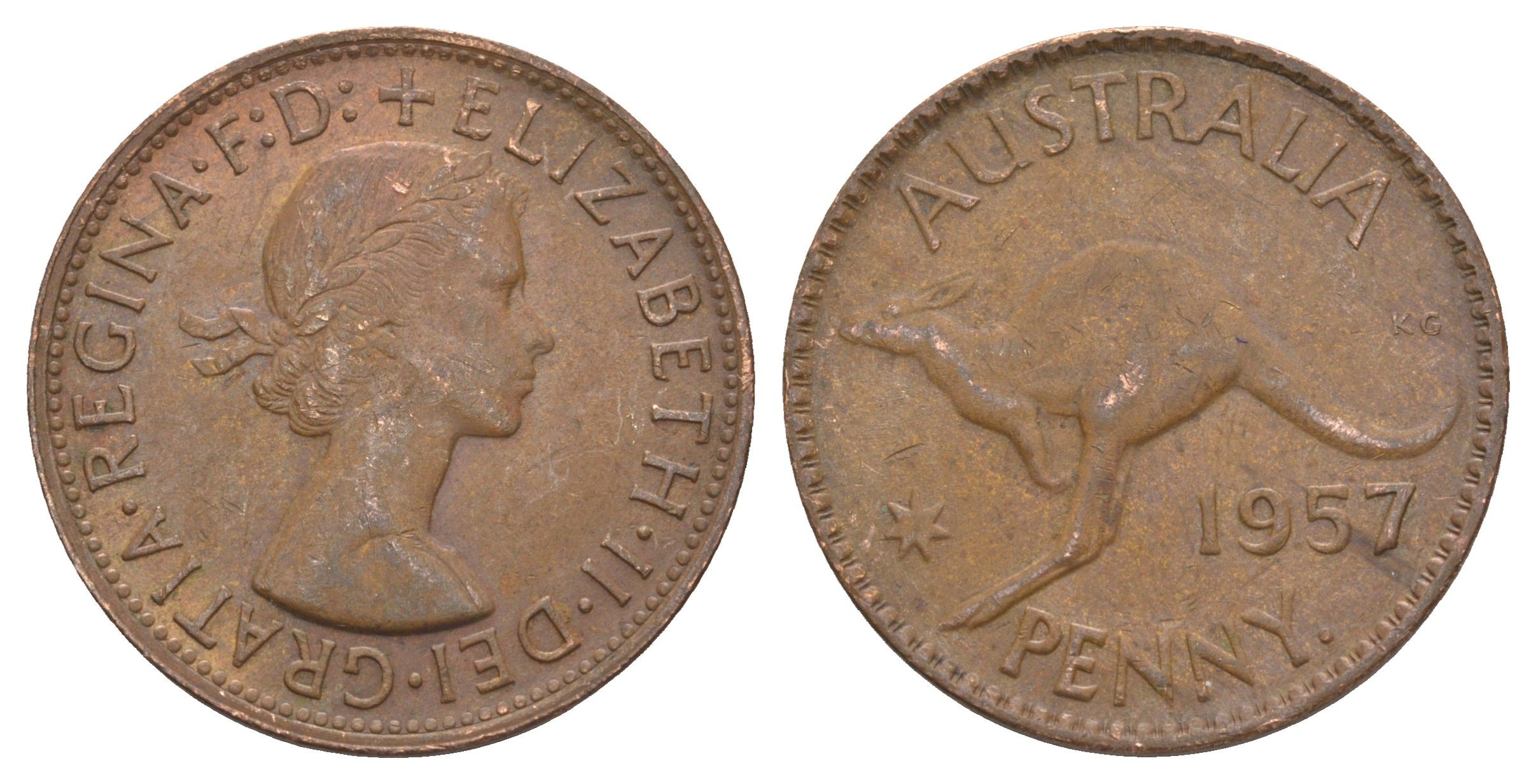 Австралия 1 пенни 1957 . , Елизавета II (1952-2022), кенгуру KM 56 бронза 82-1135
