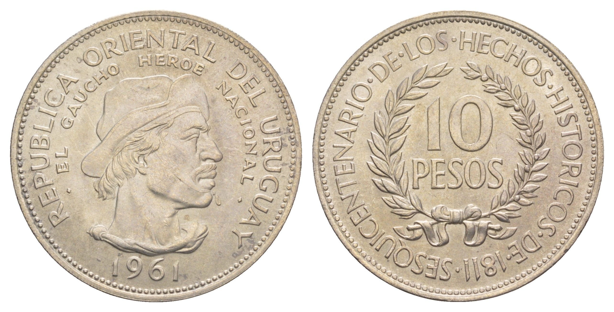 Уругвай 10 песо 1961 150 лет Революции против Испании KM 43 серебро UNC 413-2843