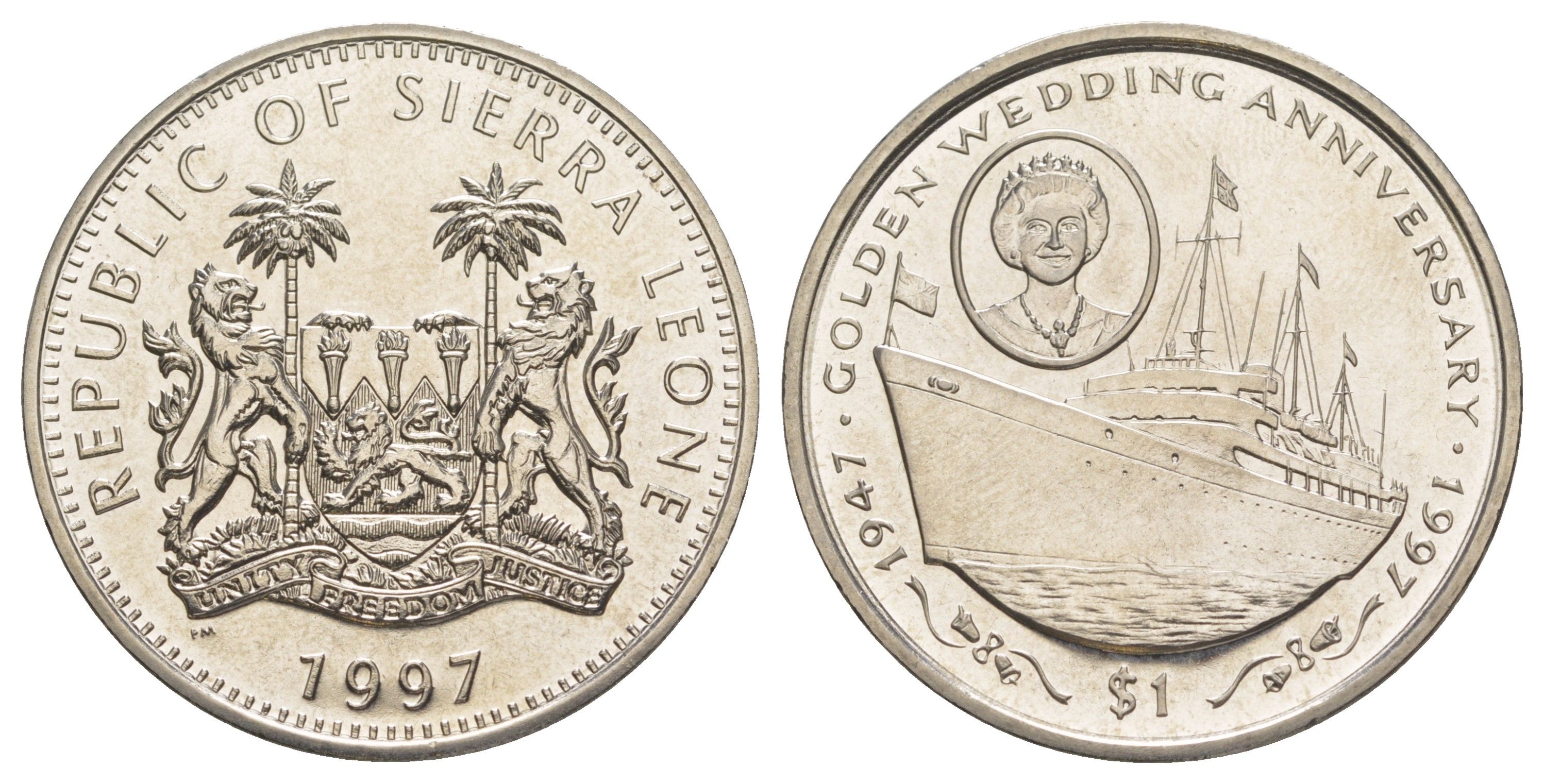 Сьерра-Леоне 1 доллар 1997 Золотая годовщина свадьбы - Королевская яхта KM 56 медно-никель BU 1521-1214