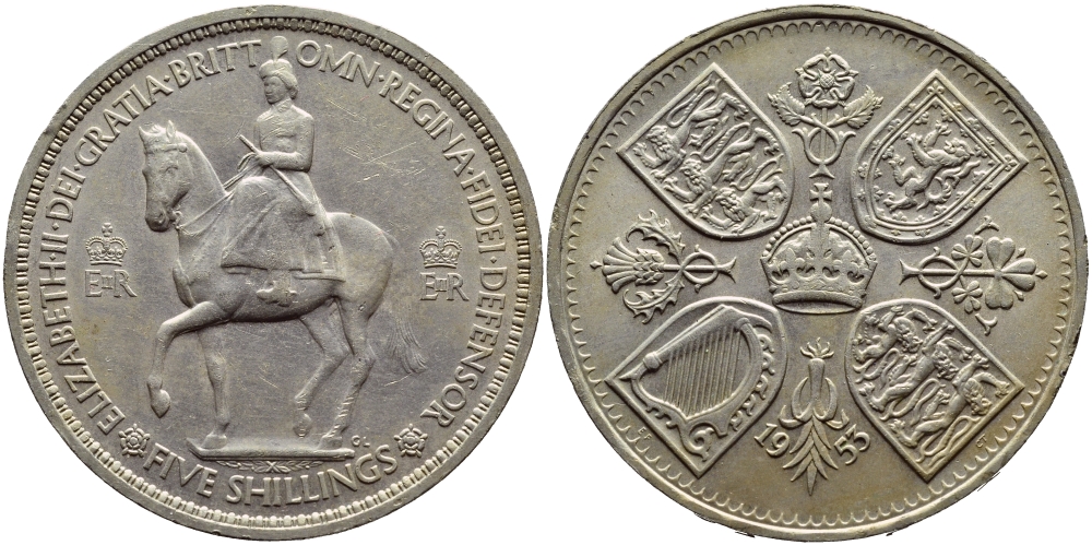 Великобритания 1 крона (5 шиллингов) 1953 коронация королевы Елизаветы, Елизавета II (1952-2022) Елизаветы KM 894, Spink 4136 медно-никель UNC 73-922