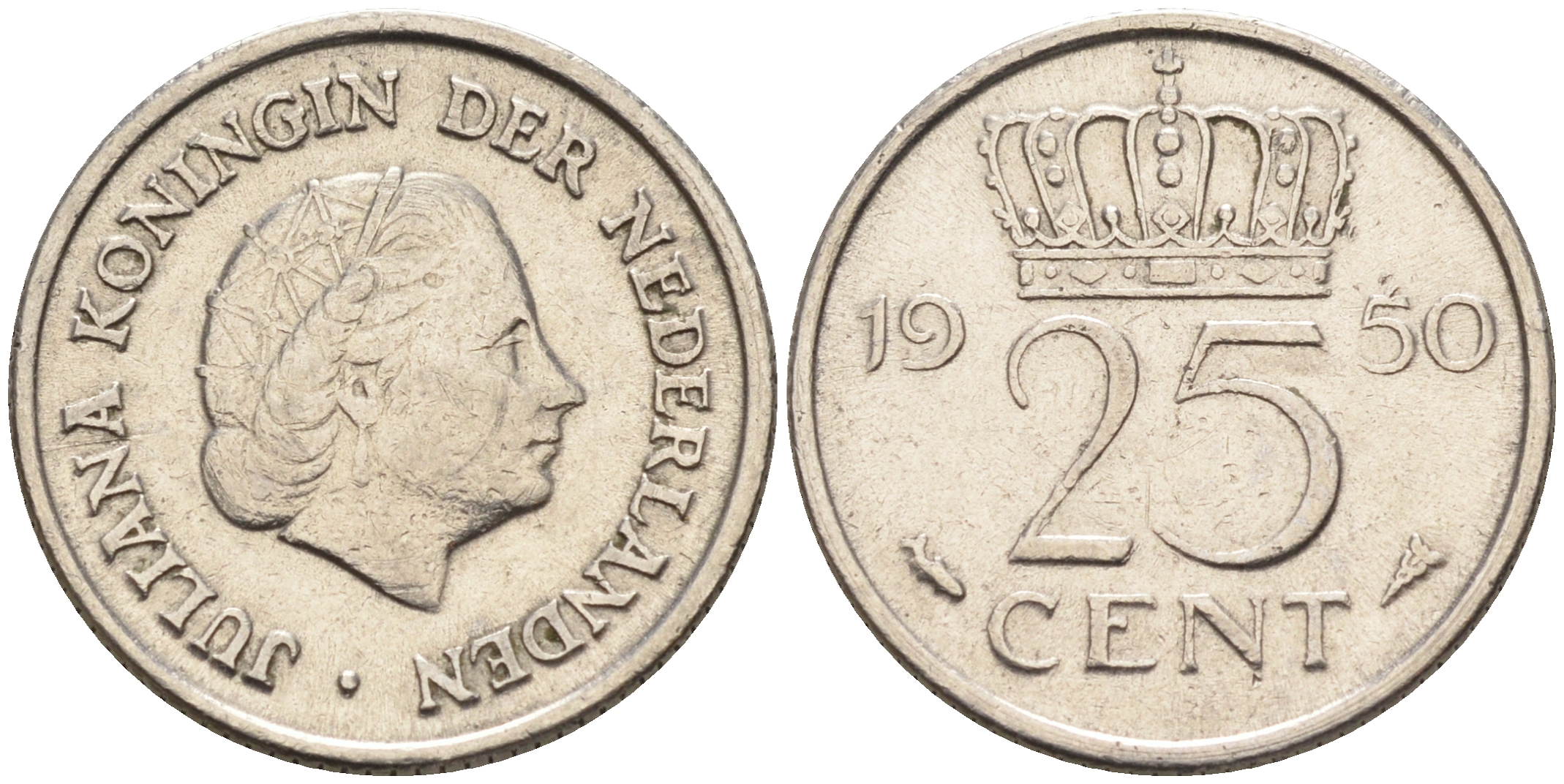 Нидерланды 25 центов 1950 Юлиана (1949-1980) KM 183 никель    4174-639