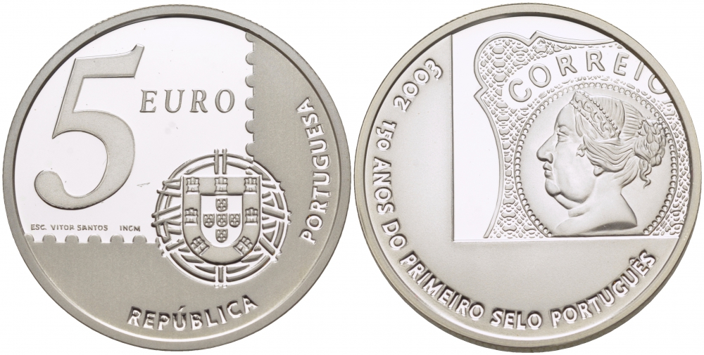 Португалия 5 евро 2003 150 летие первой Португальской марке, тираж 20000 экземпляров KM 749 серебро PROOF 05-095-41