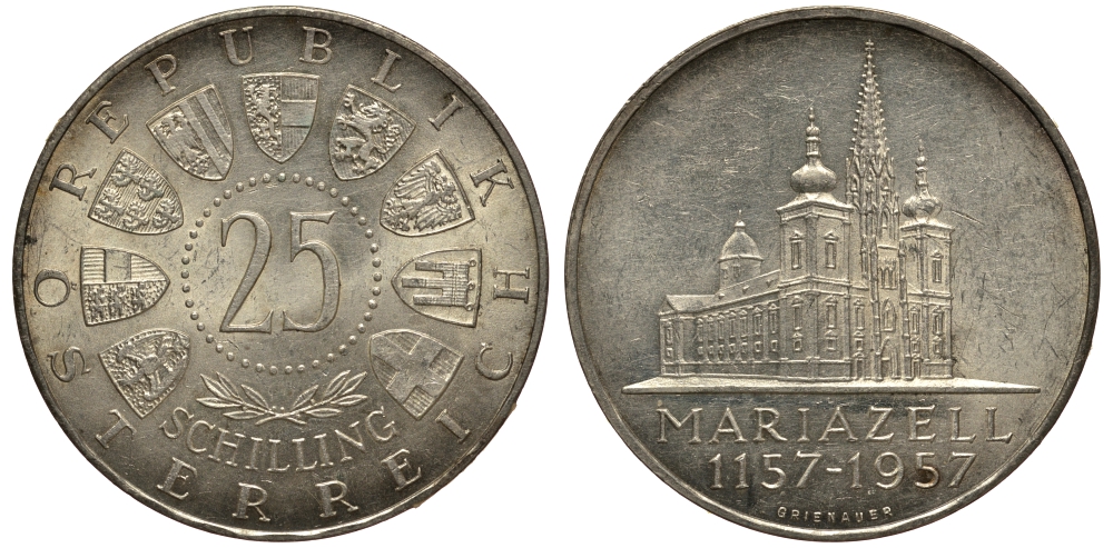 Австрия 25 шиллингов 1957 800 лет Базилике Мариацелля KM 2883 серебро aUNC 1520-132