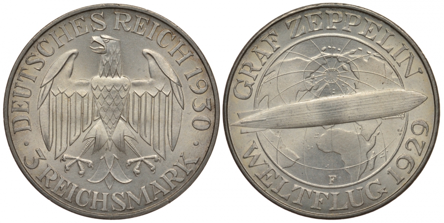 Германия 3 марки 1930 F, полет дирижабля граф Цеппелин J. 342, KM 67 серебро UNC 00-814-58