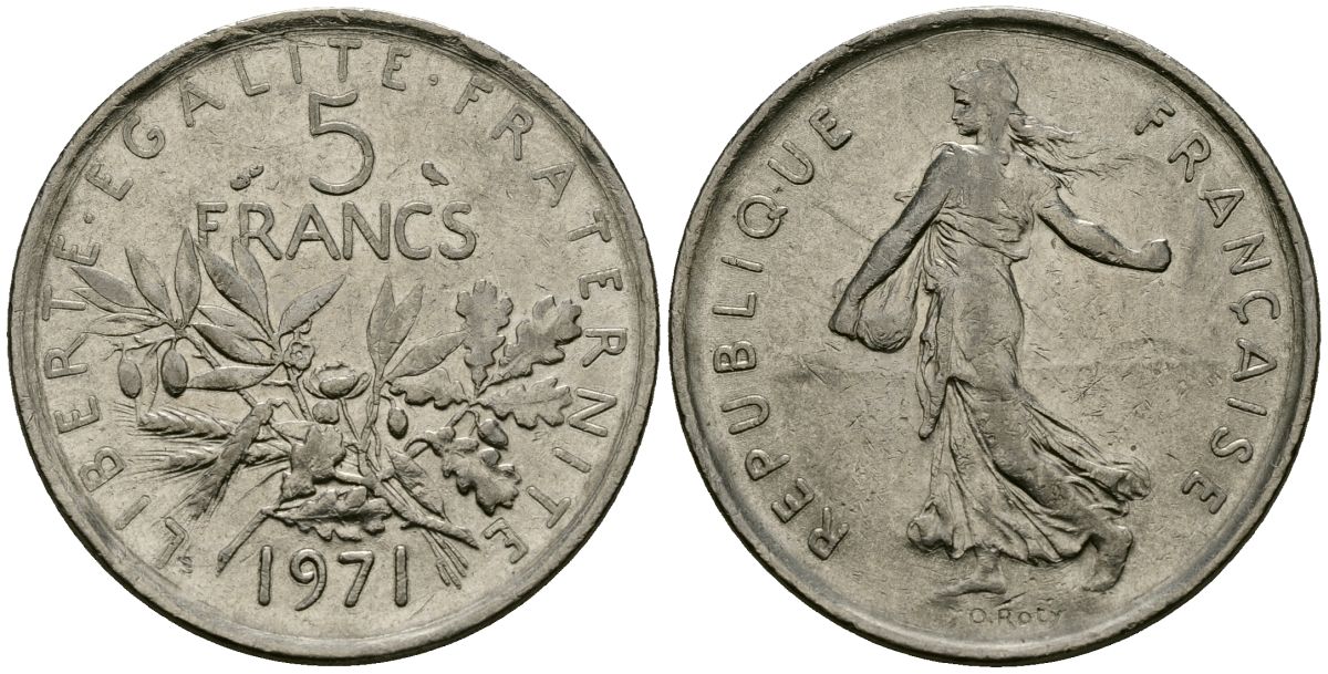 Франция 5 франков 1971 сеятель KM 926a.1, Le Franc 341.3 медно-никель плакированный никелем 4120-434