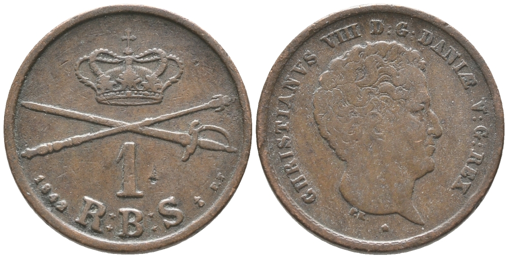 ДАНИЯ 1 РИГСБАНКСКИЛЛИНГ 1842 FF, КРИСТИАН VIII (1839-1848) KM 726.1 (С120.1) медь 34-541