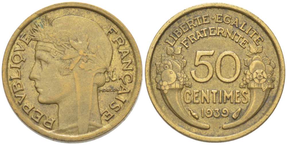 ФРАНЦИЯ 50 САНТИМОВ 1939 ТИП МОРЛОН KM 894.1, LE FRANC 192.15 алюминиевая бронза 3309-1258