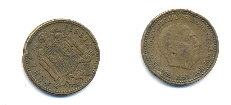 Испания 1 песета 1953 (56) Франциско Франко (1939-1975) KM 775 алюминиевая бронза 54-253