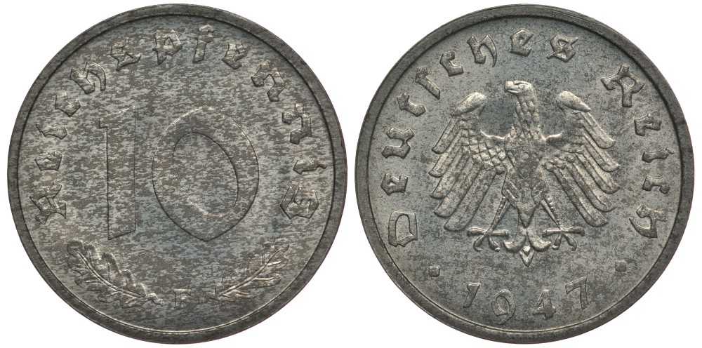 Германия 10 рейхспфеннигов 1947 F, оккупация Германии союзными войсками J. 375, KM A104 цинк UNC 4127-1223
