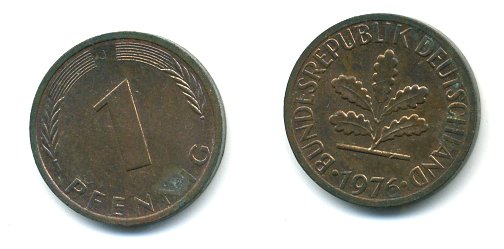 ФРГ 1 ПФЕННИГ 1976 J KM105, J.380 сталь плакированная медью 3999-1046