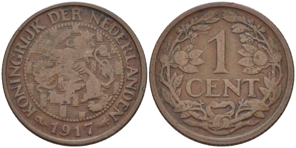 НИДЕРЛАНДЫ 1 ЦЕНТ 1917 ВИЛЬГЕЛЬМИНА (1890-1948) KM 152 бронза 100-741