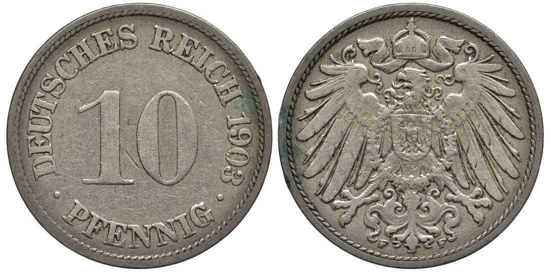 Германия 10 пфеннигов 1903 F KM 12, Jager 13, Weege 8 медно-никель 219-357