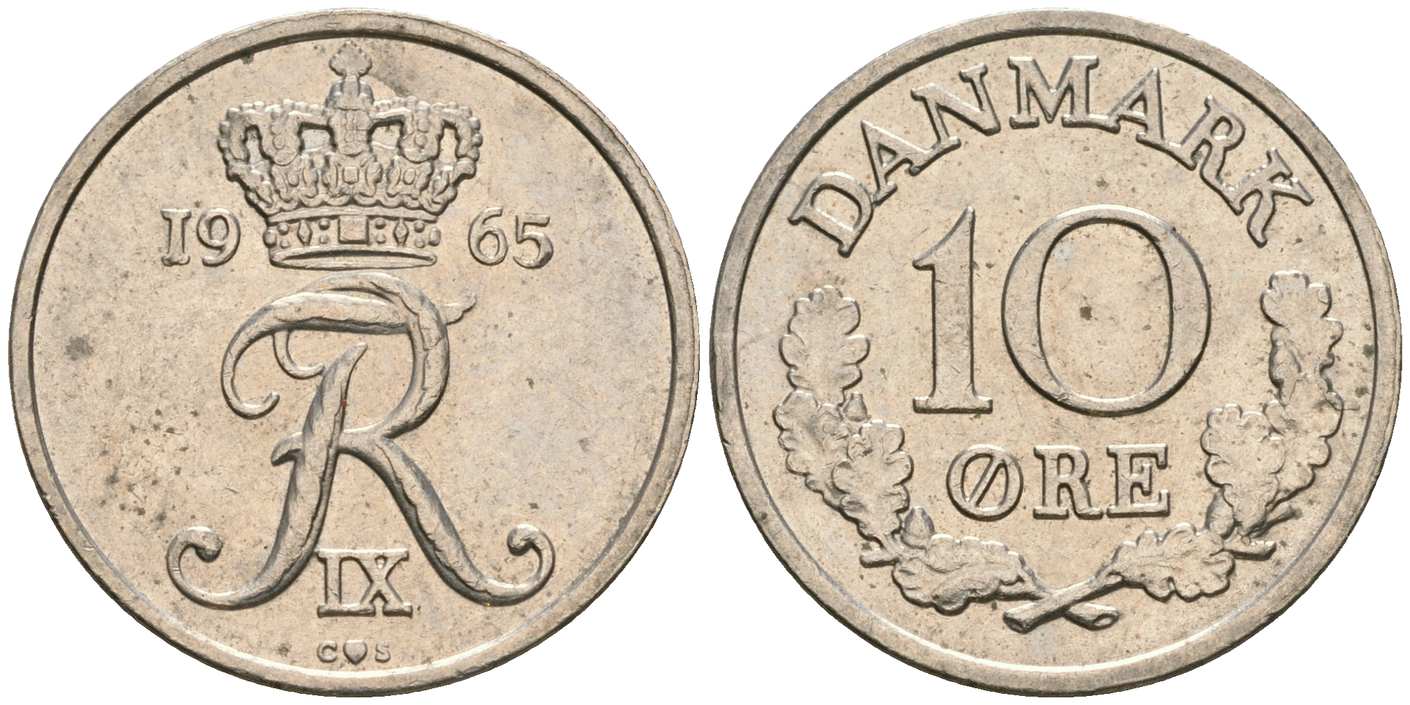 Дания 10 эре 1965 C;S, Фредерик IX (1947-1972) КМ 849.1 медно-никель 08-1437