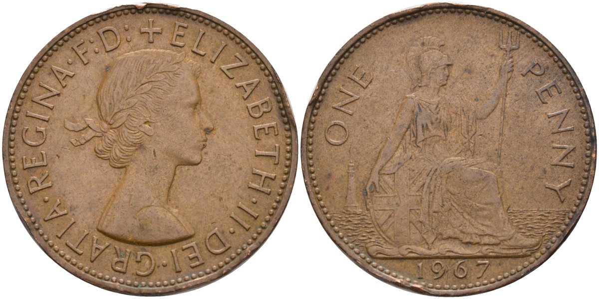 Великобритания 1 пенни 1967 Елизавета II (1952-2022) KM 897, Spink 4157 бронза 4117-1243