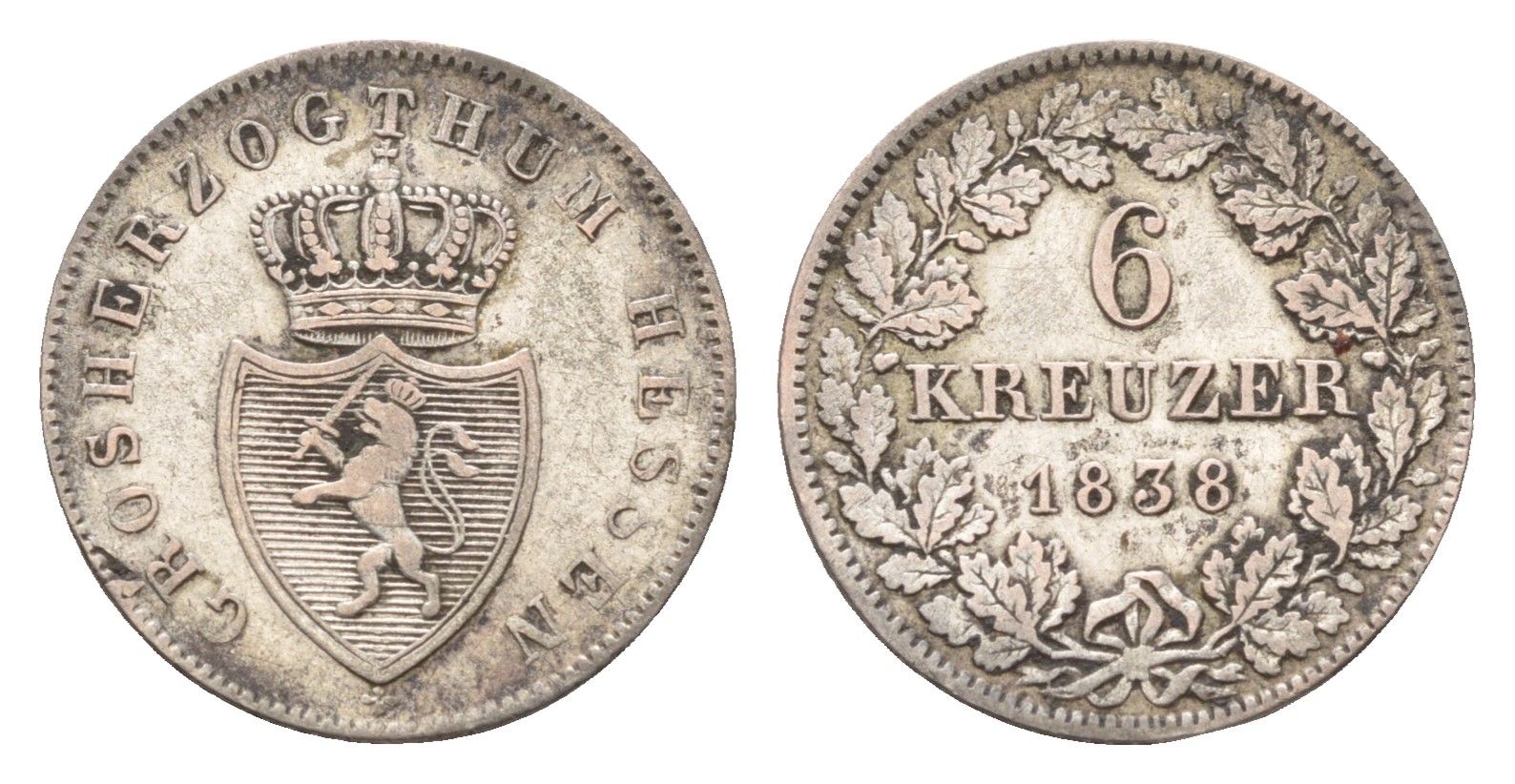 Гессен-Дармштадт 6 крейцеров 1838 Людвиг II (1830-1848) KM 306, AKS 108 серебро 1531-1223