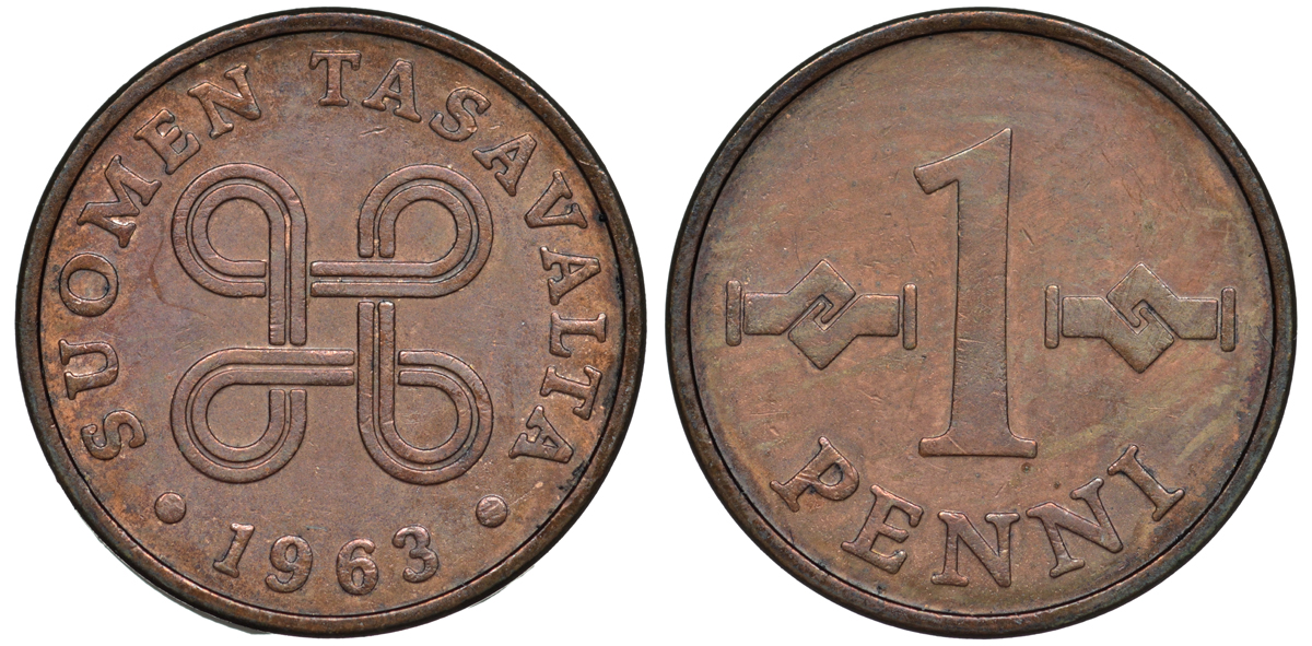 ФИНЛЯНДИЯ 1 ПЕННИ 1963 KM 69 медь 3334-1025