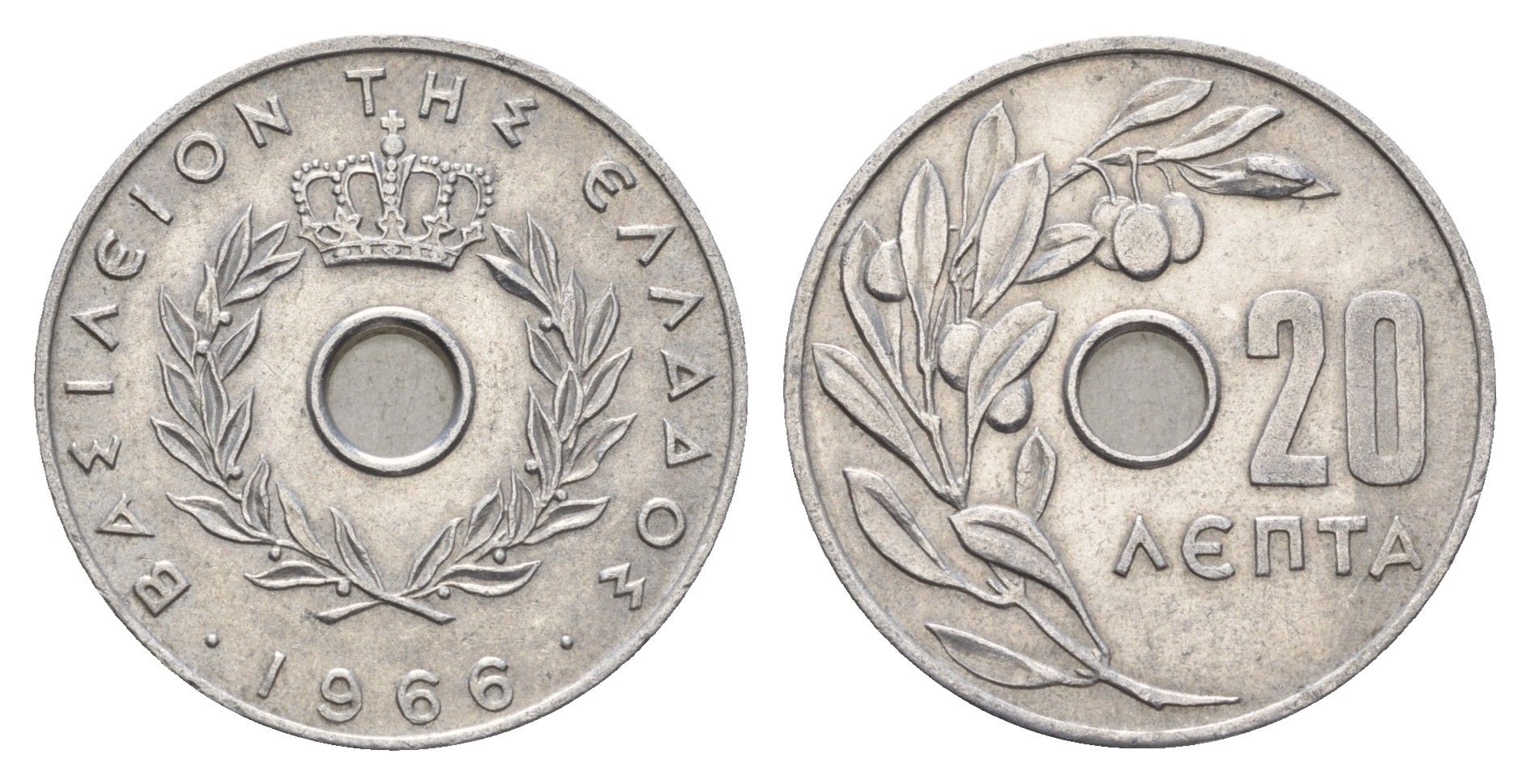 Греция 20 лепт 1966 Павел I (1947-1964), оливковая ветвь KM 79 алюминий 4670-114