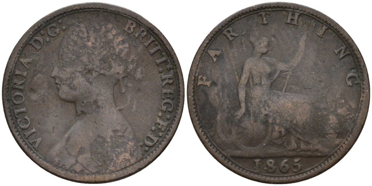 Великобритания 1 фартинг 1865 Виктория (1837-1901) KM 747.2, Spink 3958 бронза 4596-929