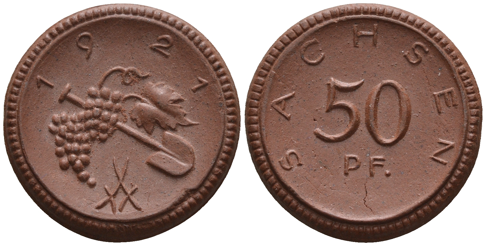 Саксония 50 пфеннигов 1921 виноград и лопата J. N 54 фарфор UNC 1094-8-52