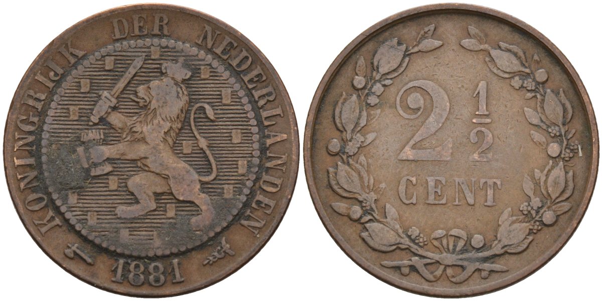 Нидерланды 2 1/2 цента 1881 Виллем III (1849-1890) KM 108 бронза 4575-917
