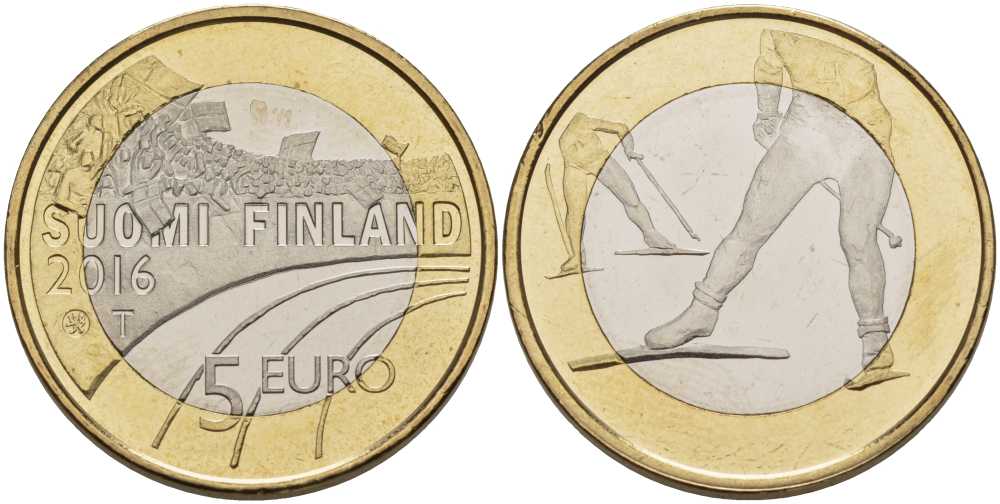 Финляндия 5 евро 2016 спорт, который любят финны, беговые лыжи KM 244 биметалл UNC M49-3