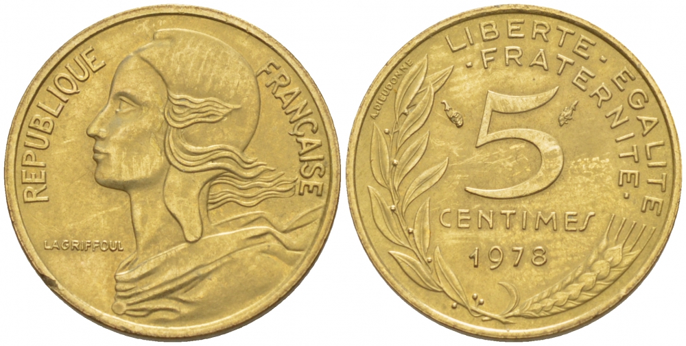 ФРАНЦИЯ 5 САНТИМОВ 1978 ТИП MARIANNE KM 933 медь алюминий никель 4547-1123