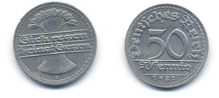 ГЕРМАНИЯ 50 ПФЕННИГОВ 1921 D KM 27, J. 301 алюминий 58-445