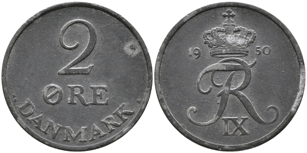 ДАНИЯ 2 ЭРЕ 1950 N; S, ФРЕДЕРИК IX (1947-1972) KM 840.1 цинк 28-1032