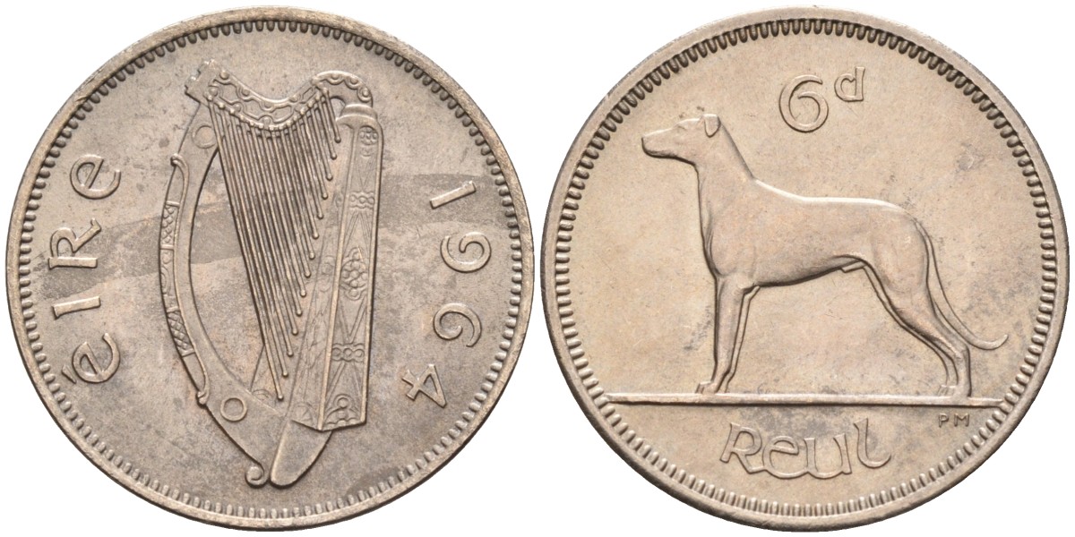 Ирландия 6 пенсов 1964 собака, ирландский волкодав KM 13а медно-никель аUNC 4582-237