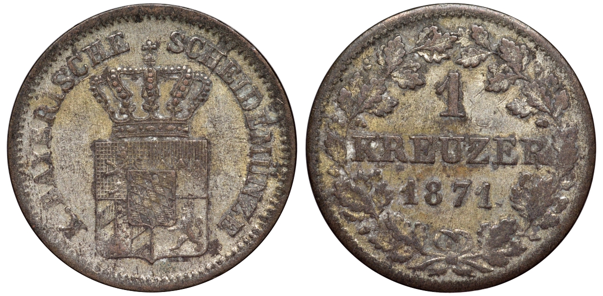 Бавария 1 крейцер 1871 Людвиг II (1864-1886) KM 487 серебро 75-1356