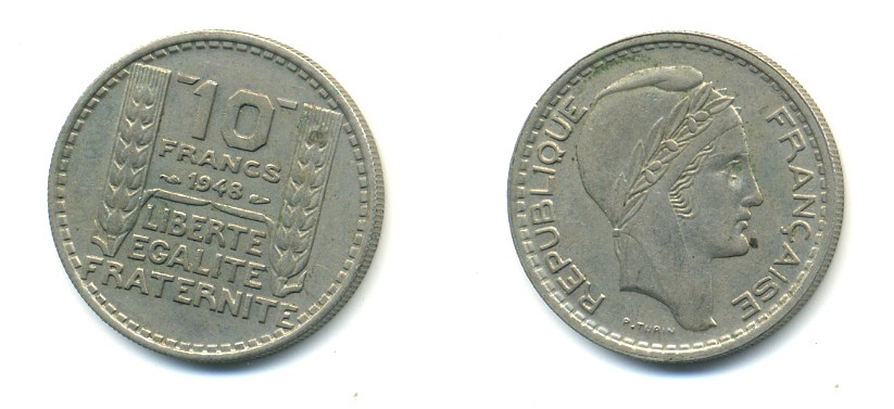 Франция 10 франков 1948 тип Пьер Турин KM 909.1, Le Franc 362.3 медно-никель 80-643